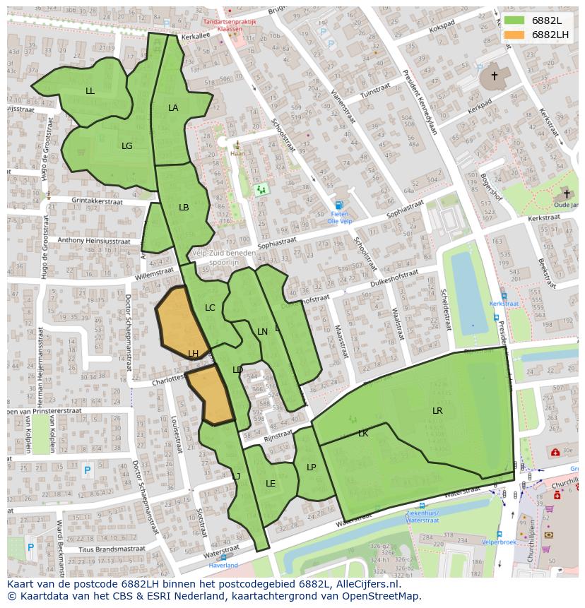 Afbeelding van het postcodegebied 6882 LH op de kaart.