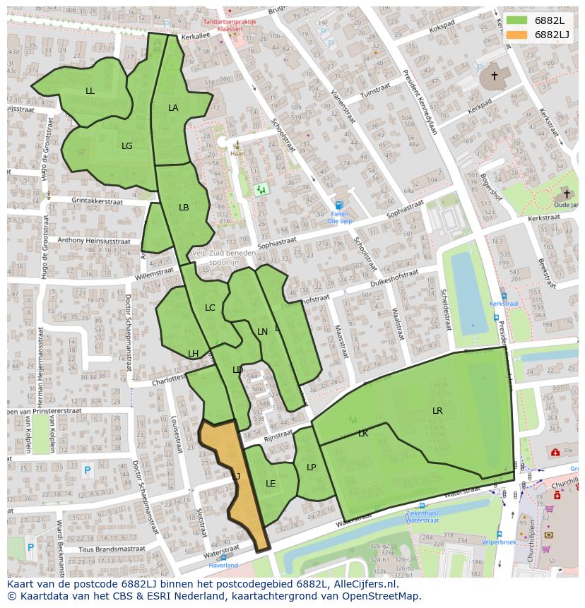 Afbeelding van het postcodegebied 6882 LJ op de kaart.