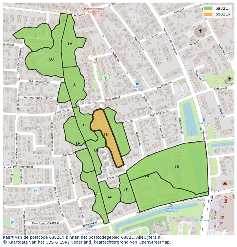 Afbeelding van het postcodegebied 6882 LN op de kaart.