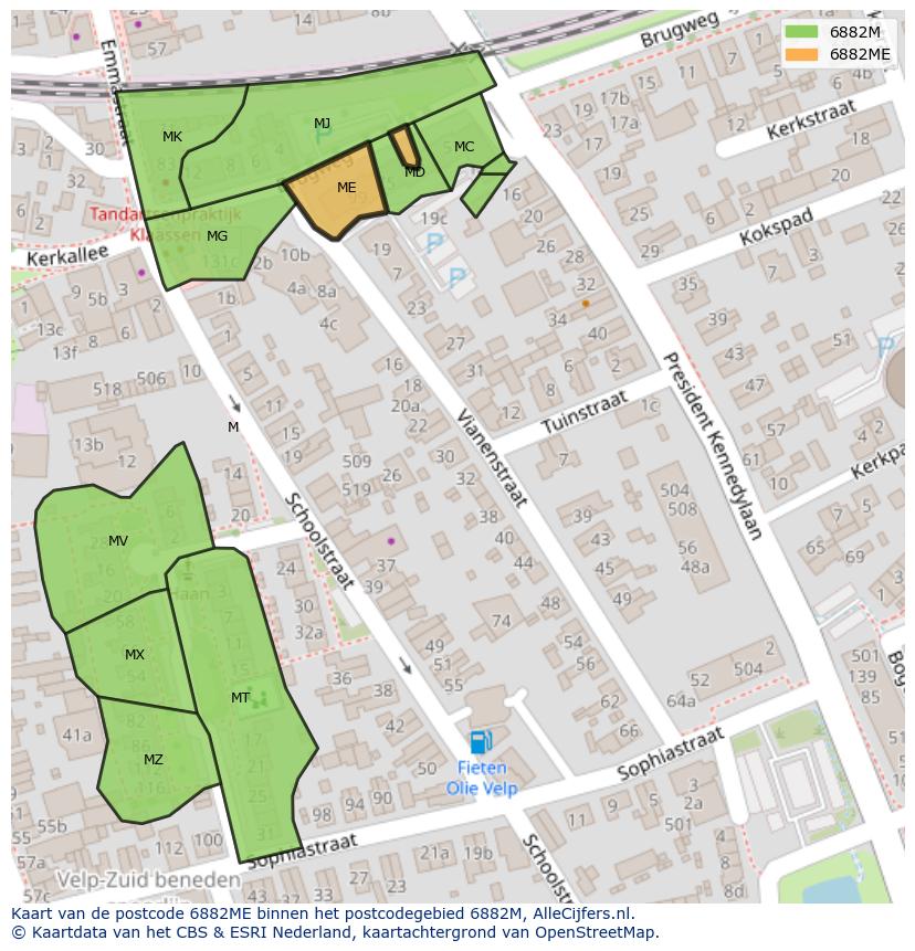 Afbeelding van het postcodegebied 6882 ME op de kaart.