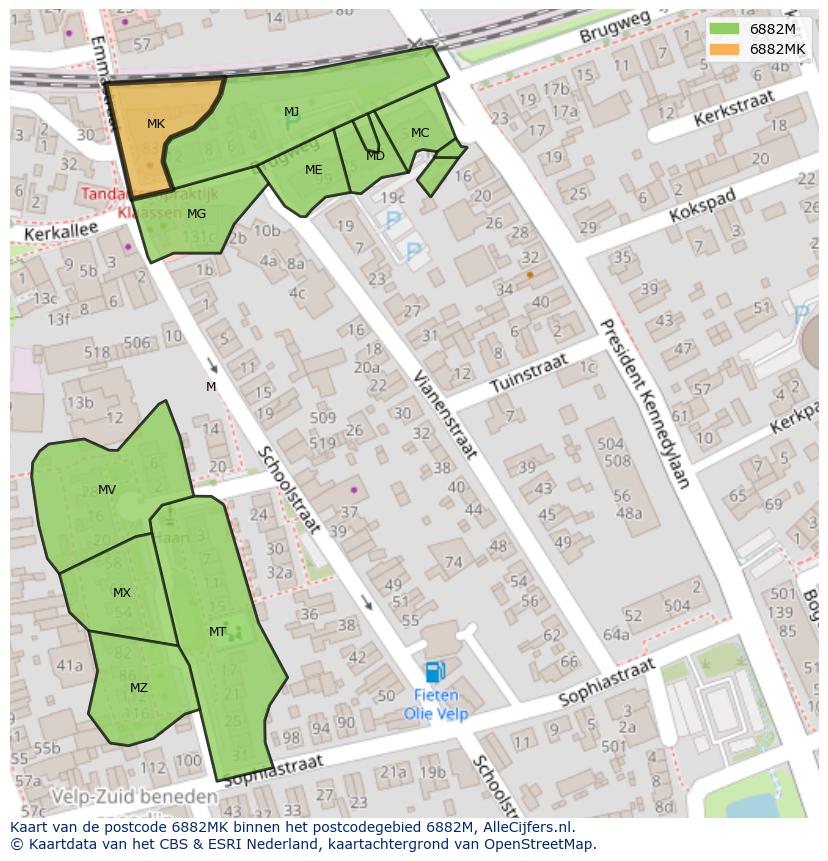 Afbeelding van het postcodegebied 6882 MK op de kaart.