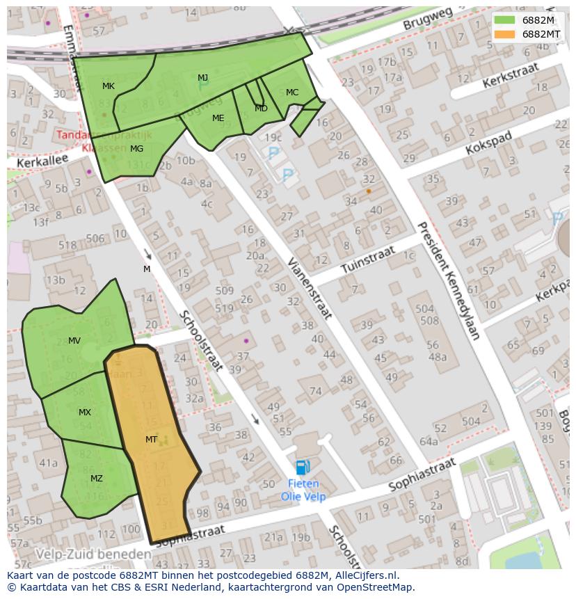Afbeelding van het postcodegebied 6882 MT op de kaart.