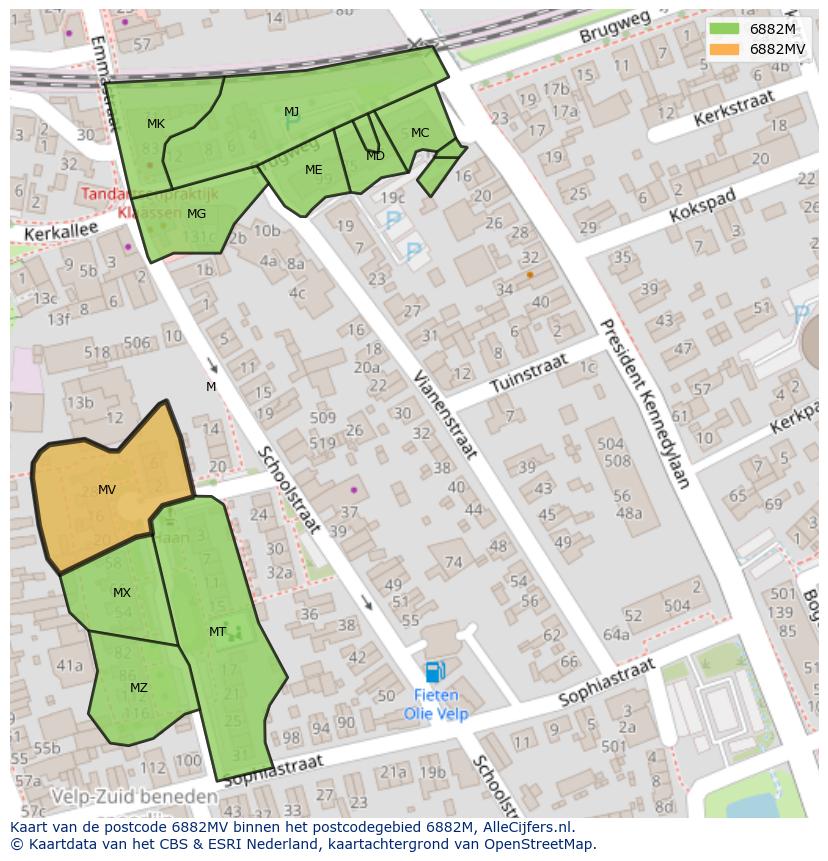 Afbeelding van het postcodegebied 6882 MV op de kaart.