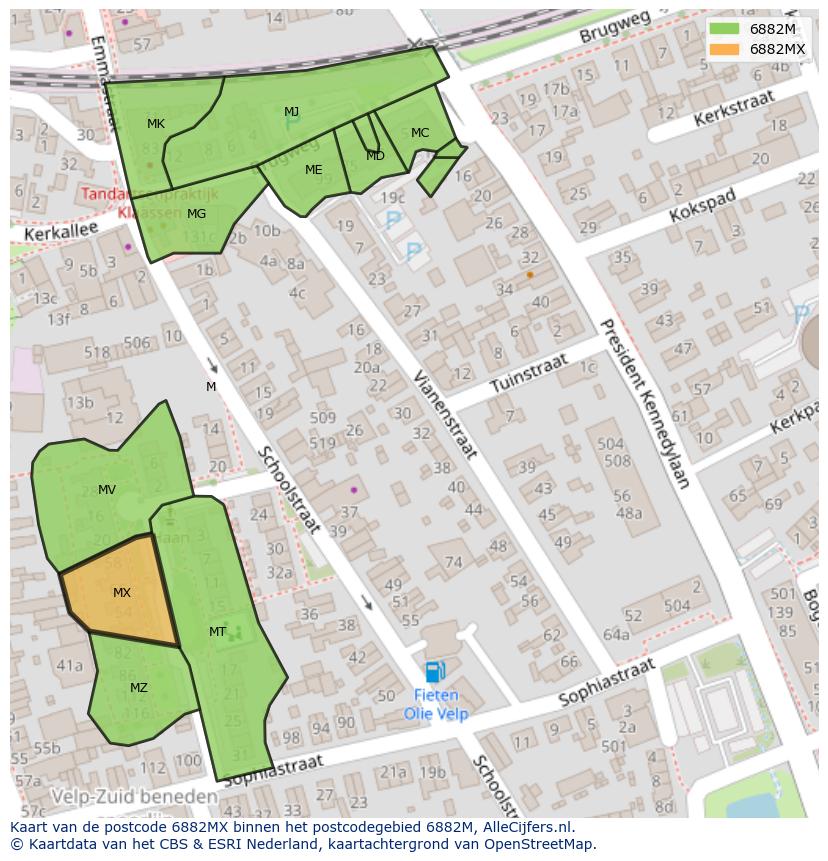 Afbeelding van het postcodegebied 6882 MX op de kaart.