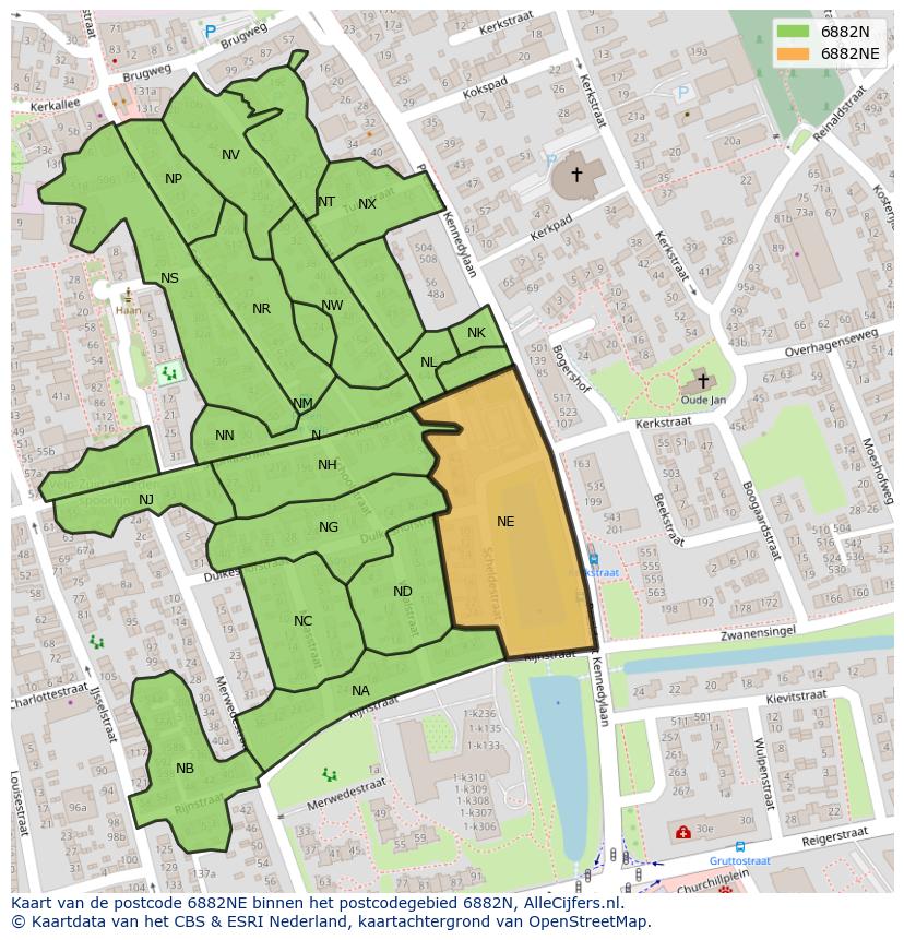 Afbeelding van het postcodegebied 6882 NE op de kaart.