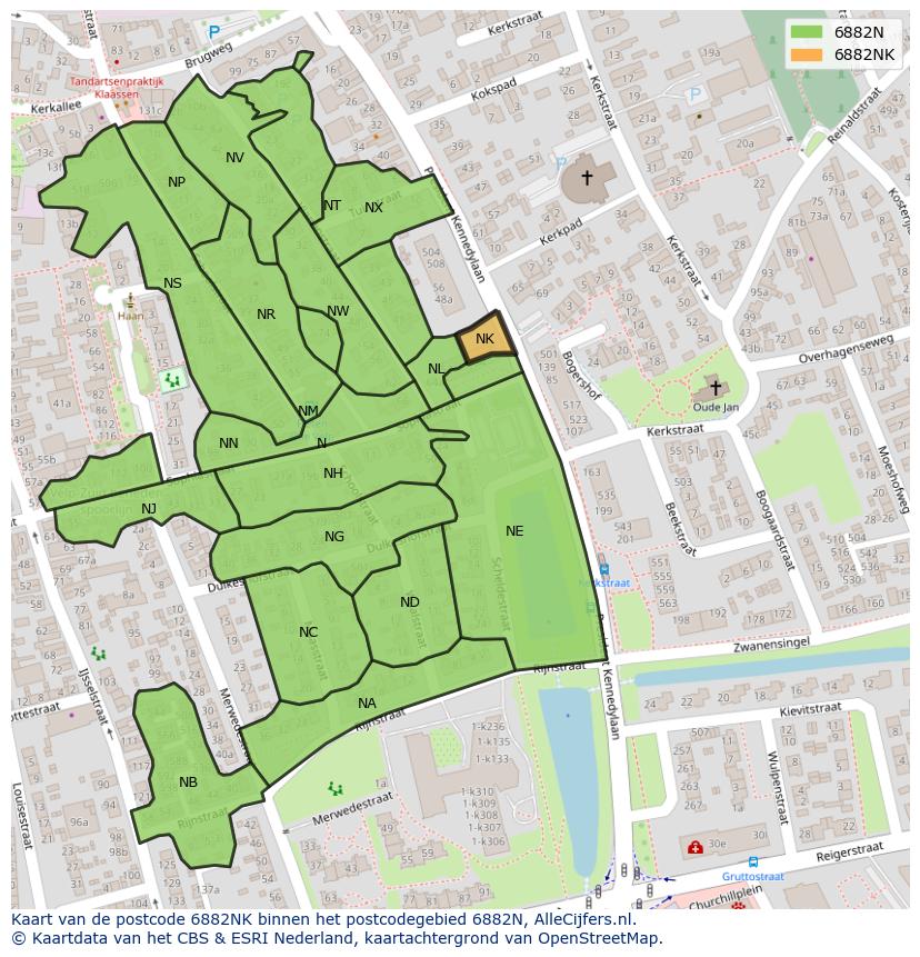 Afbeelding van het postcodegebied 6882 NK op de kaart.
