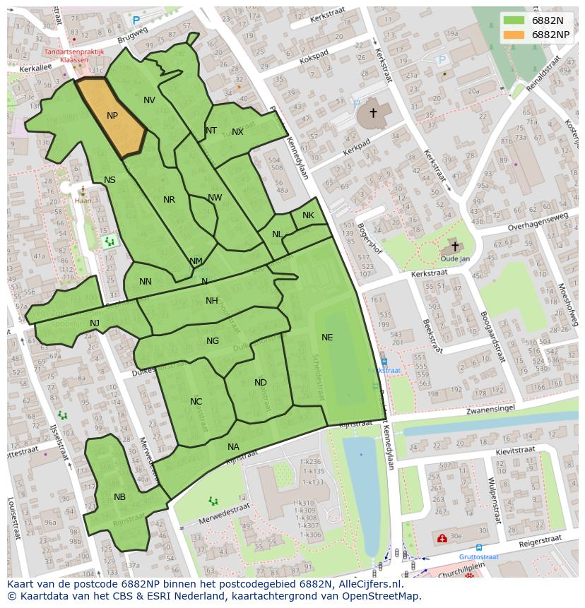 Afbeelding van het postcodegebied 6882 NP op de kaart.
