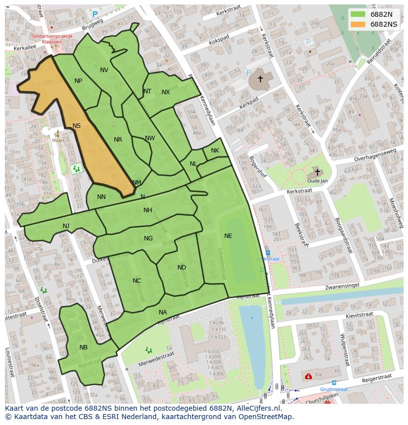 Afbeelding van het postcodegebied 6882 NS op de kaart.