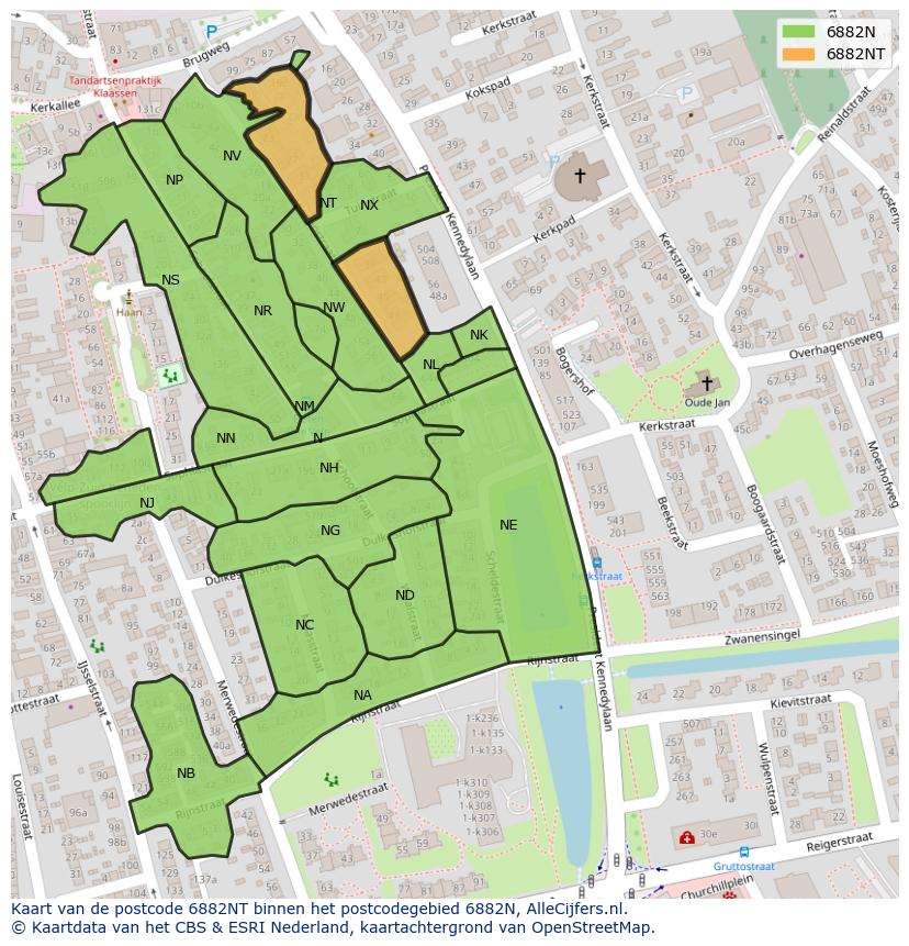 Afbeelding van het postcodegebied 6882 NT op de kaart.
