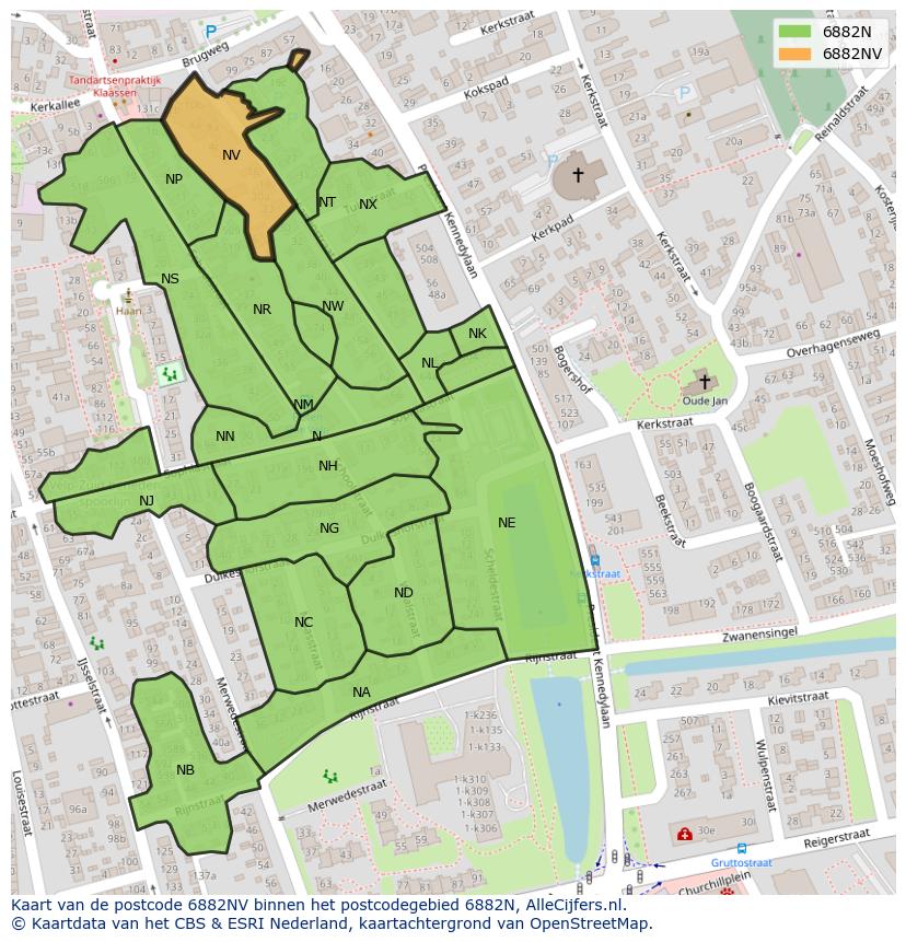 Afbeelding van het postcodegebied 6882 NV op de kaart.