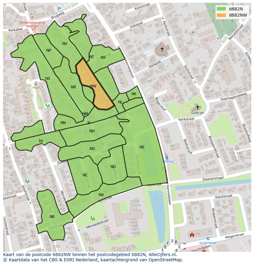 Afbeelding van het postcodegebied 6882 NW op de kaart.