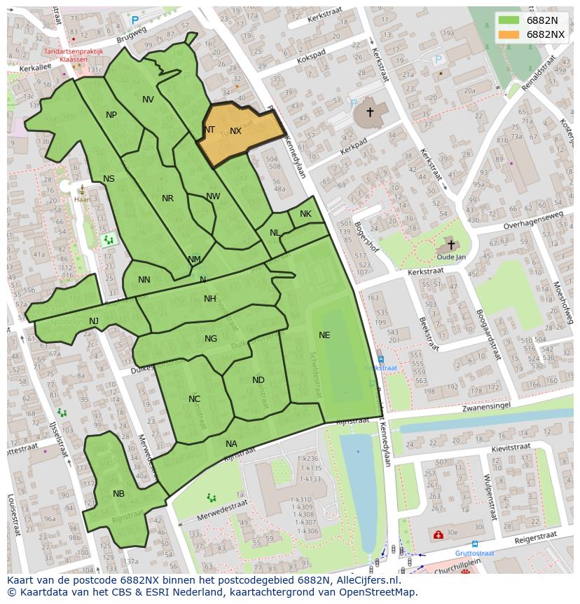 Afbeelding van het postcodegebied 6882 NX op de kaart.