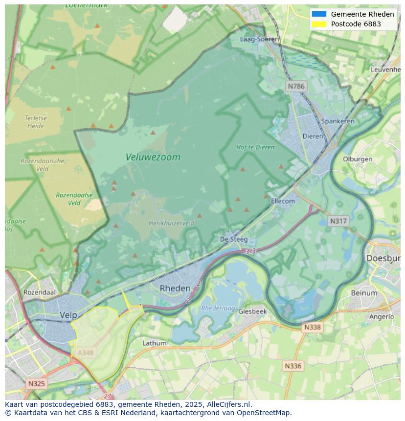 Afbeelding van het postcodegebied 6883 op de kaart.