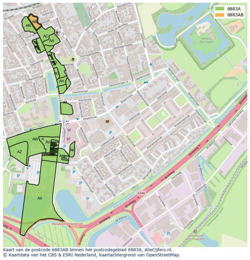 Afbeelding van het postcodegebied 6883 AB op de kaart.