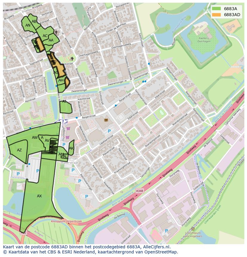 Afbeelding van het postcodegebied 6883 AD op de kaart.