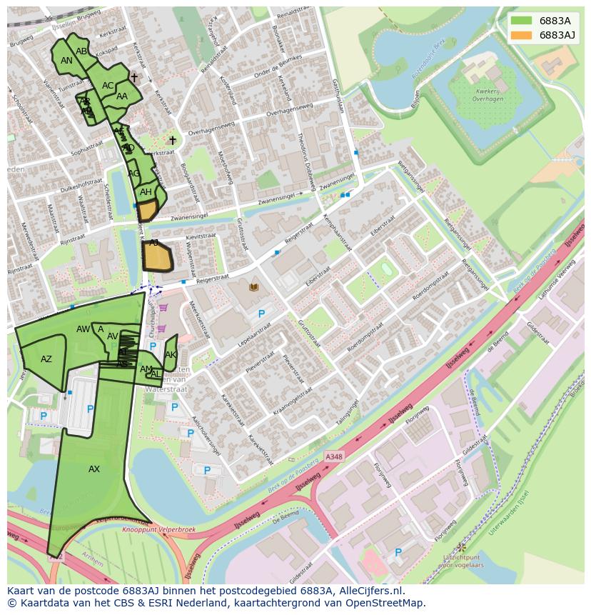 Afbeelding van het postcodegebied 6883 AJ op de kaart.