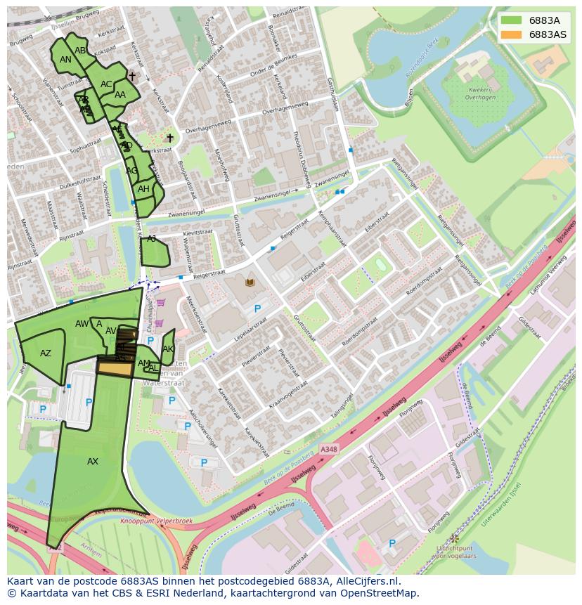 Afbeelding van het postcodegebied 6883 AS op de kaart.