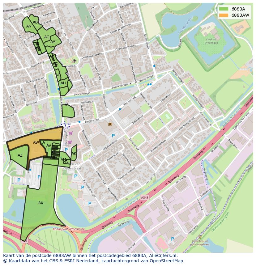 Afbeelding van het postcodegebied 6883 AW op de kaart.