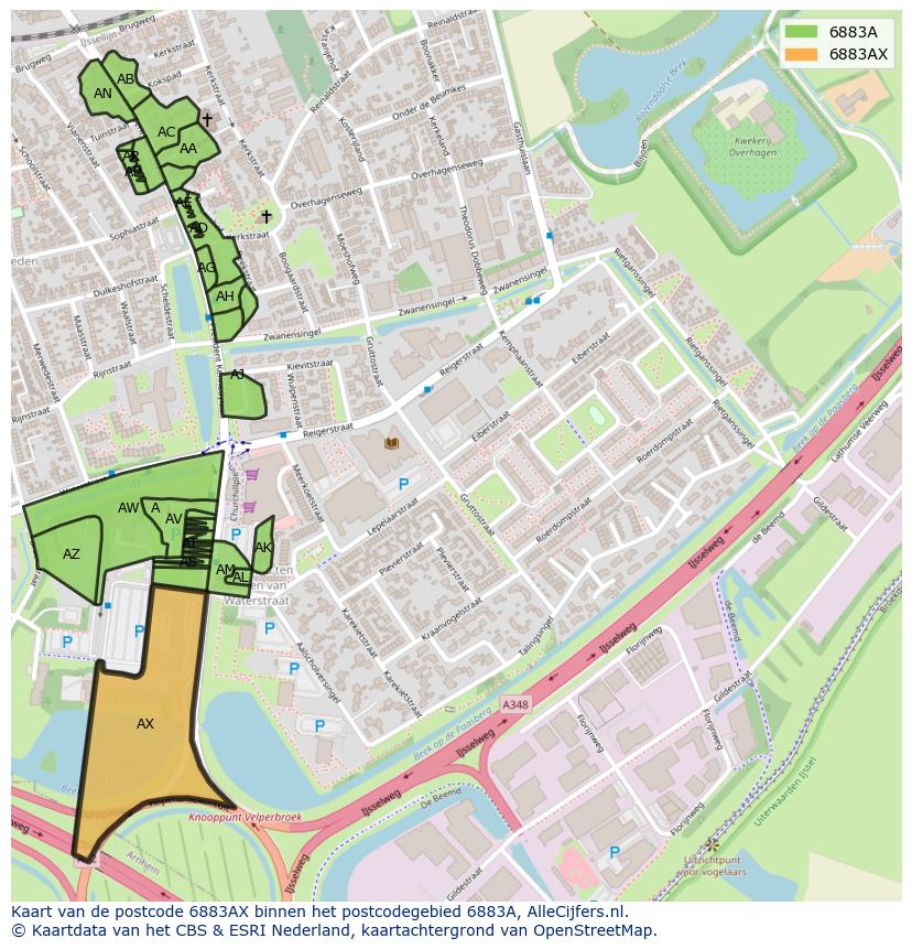 Afbeelding van het postcodegebied 6883 AX op de kaart.