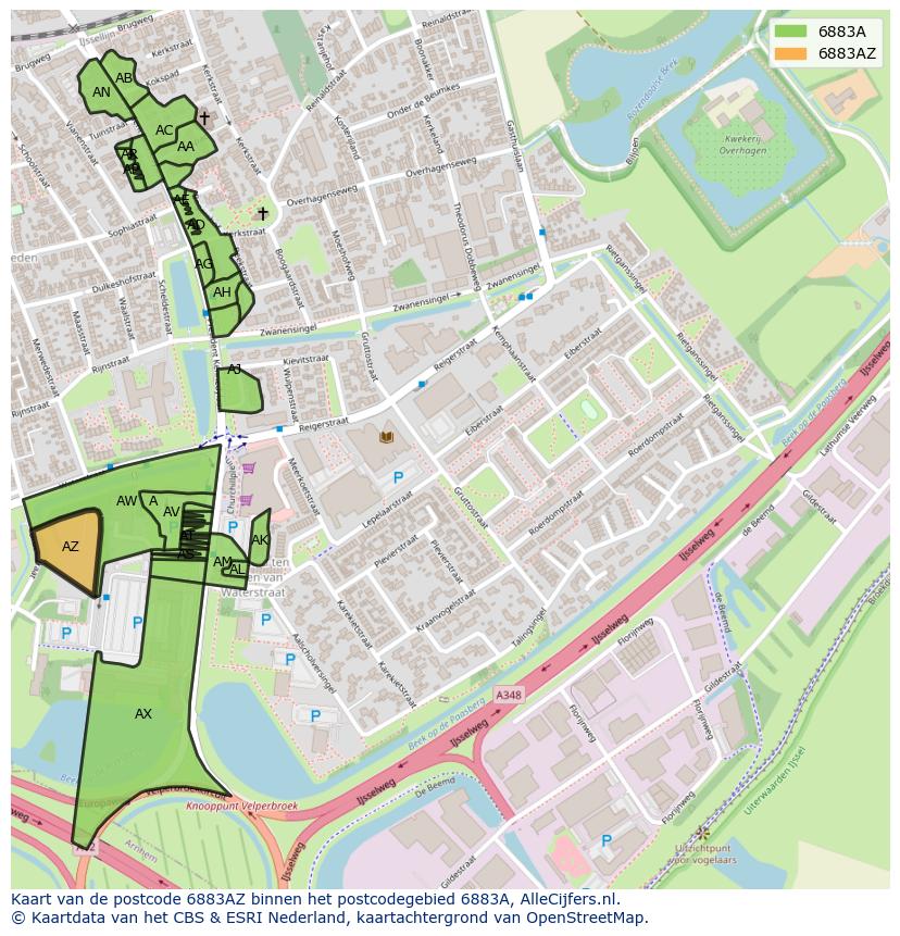 Afbeelding van het postcodegebied 6883 AZ op de kaart.