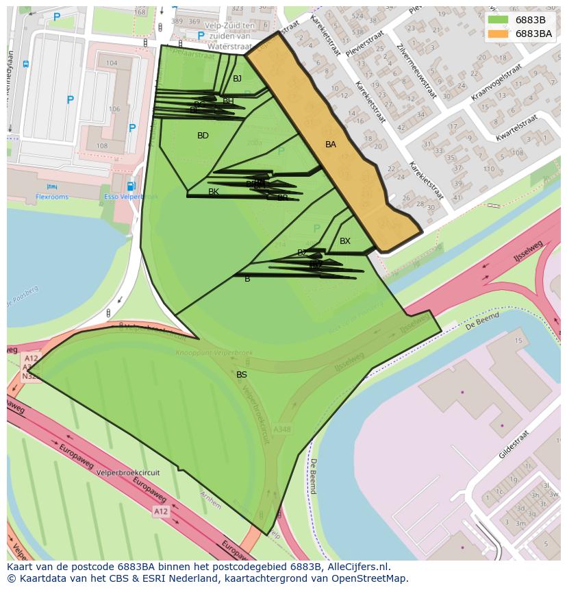 Afbeelding van het postcodegebied 6883 BA op de kaart.