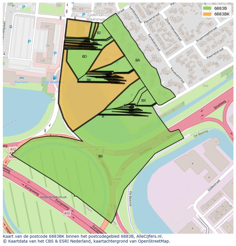 Afbeelding van het postcodegebied 6883 BK op de kaart.