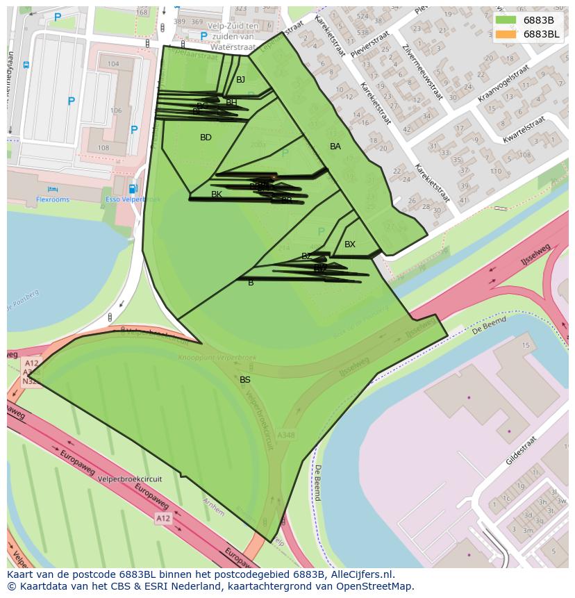 Afbeelding van het postcodegebied 6883 BL op de kaart.