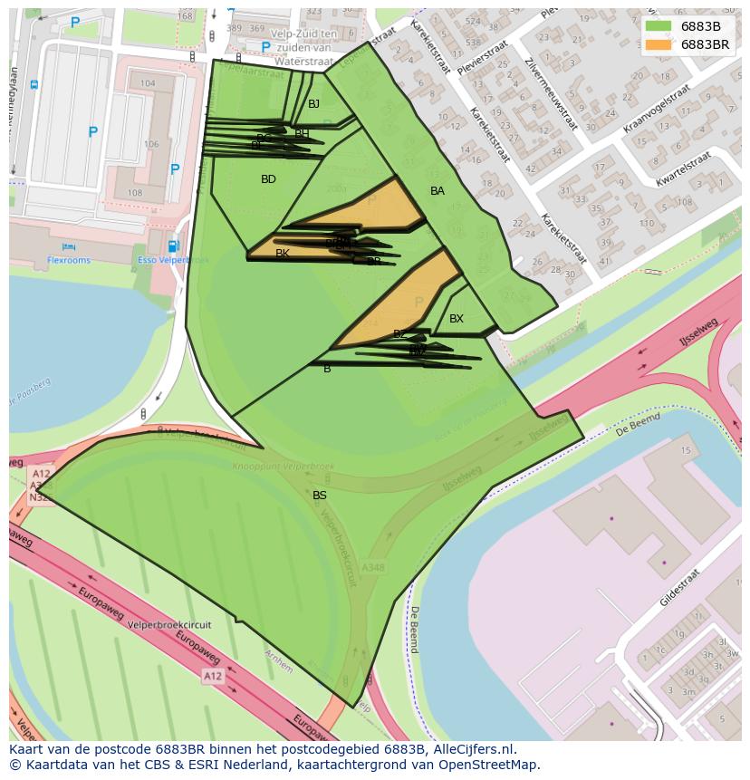 Afbeelding van het postcodegebied 6883 BR op de kaart.