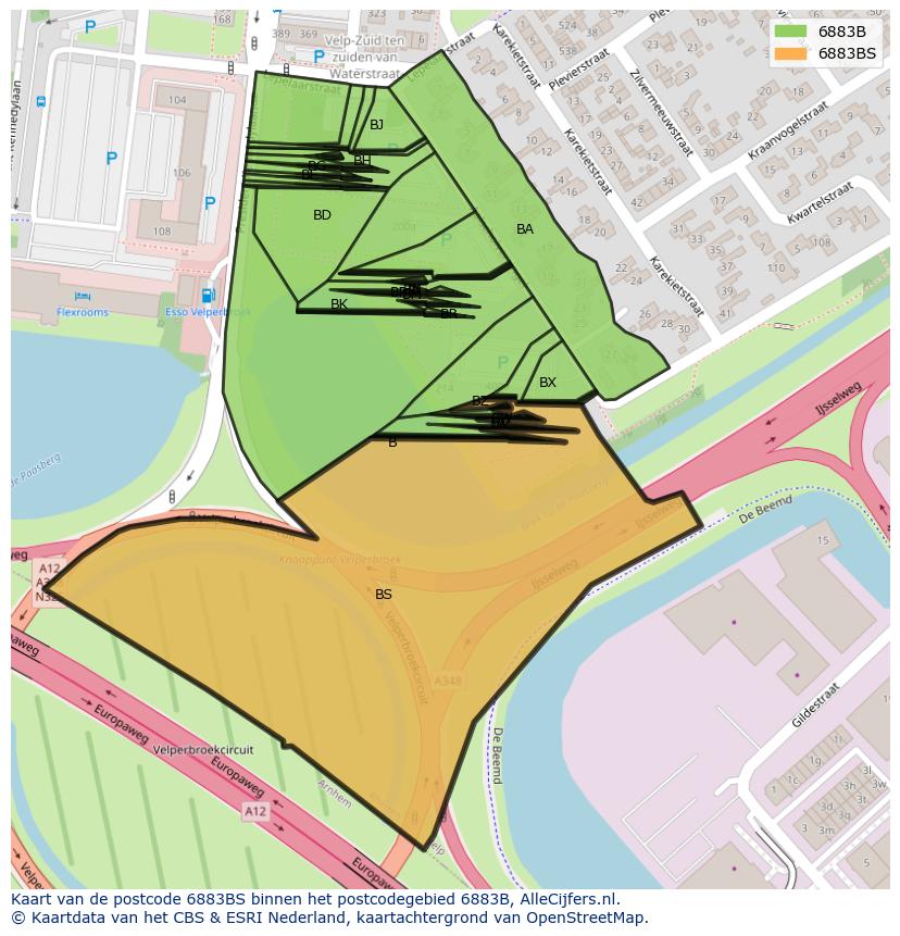 Afbeelding van het postcodegebied 6883 BS op de kaart.