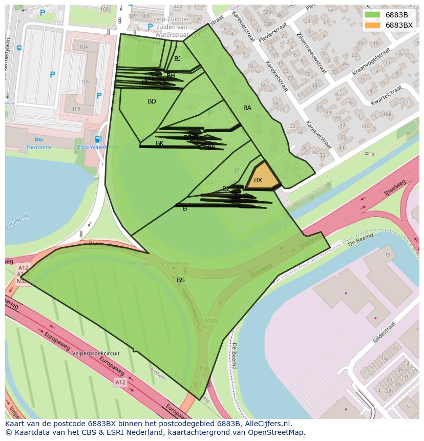 Afbeelding van het postcodegebied 6883 BX op de kaart.