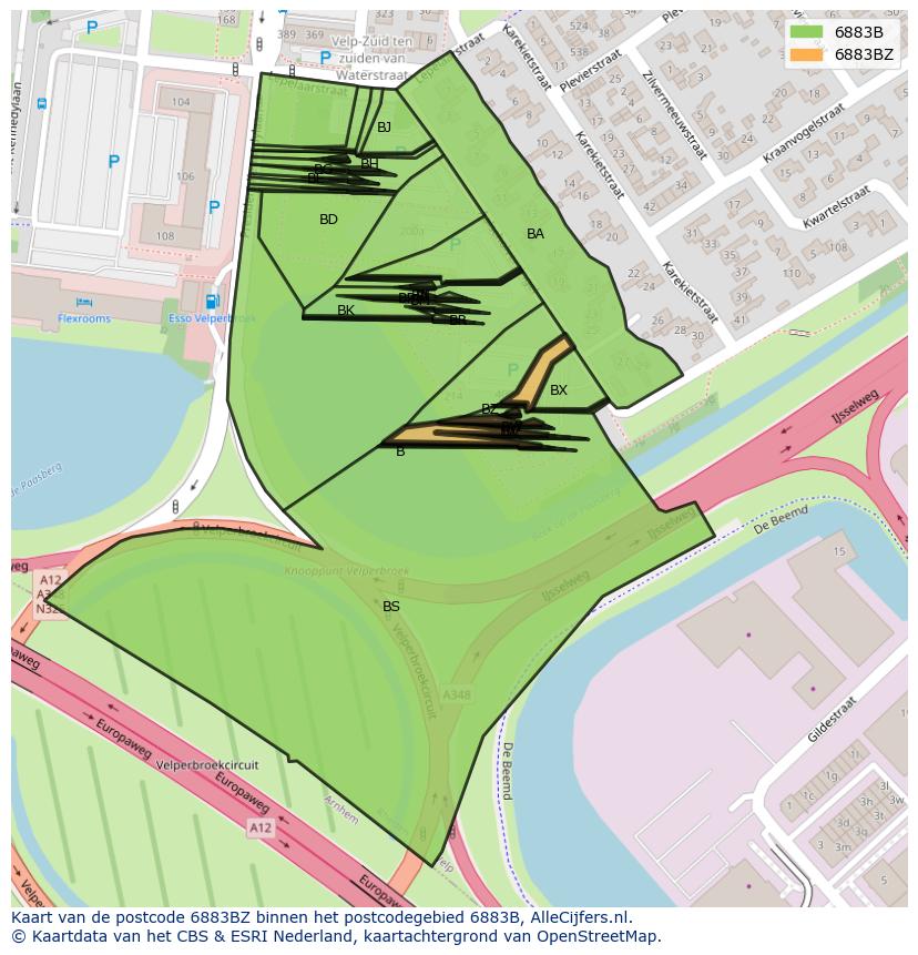 Afbeelding van het postcodegebied 6883 BZ op de kaart.