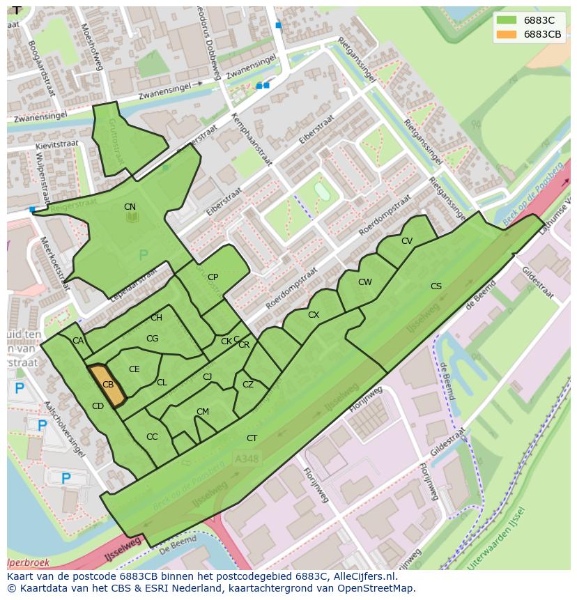 Afbeelding van het postcodegebied 6883 CB op de kaart.