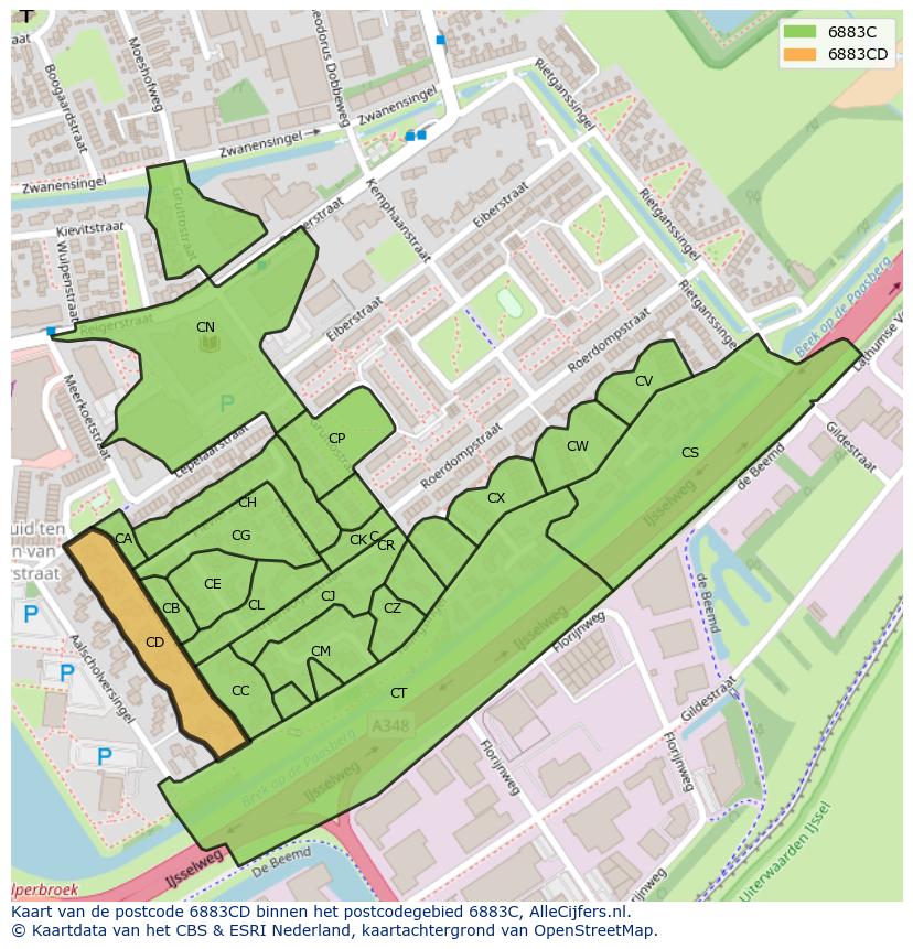 Afbeelding van het postcodegebied 6883 CD op de kaart.