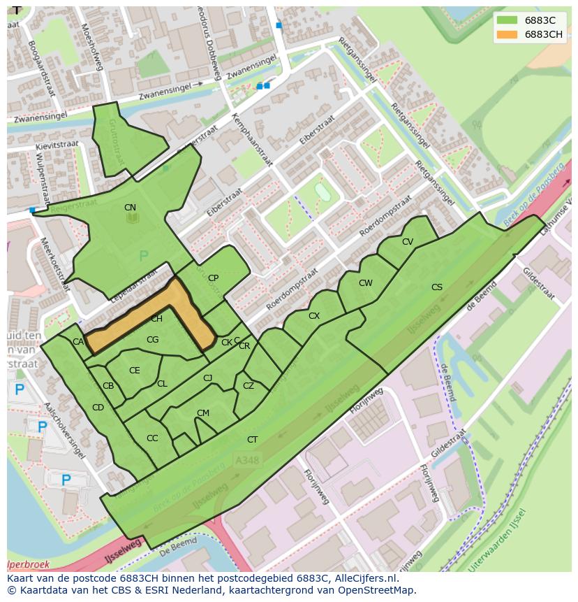 Afbeelding van het postcodegebied 6883 CH op de kaart.