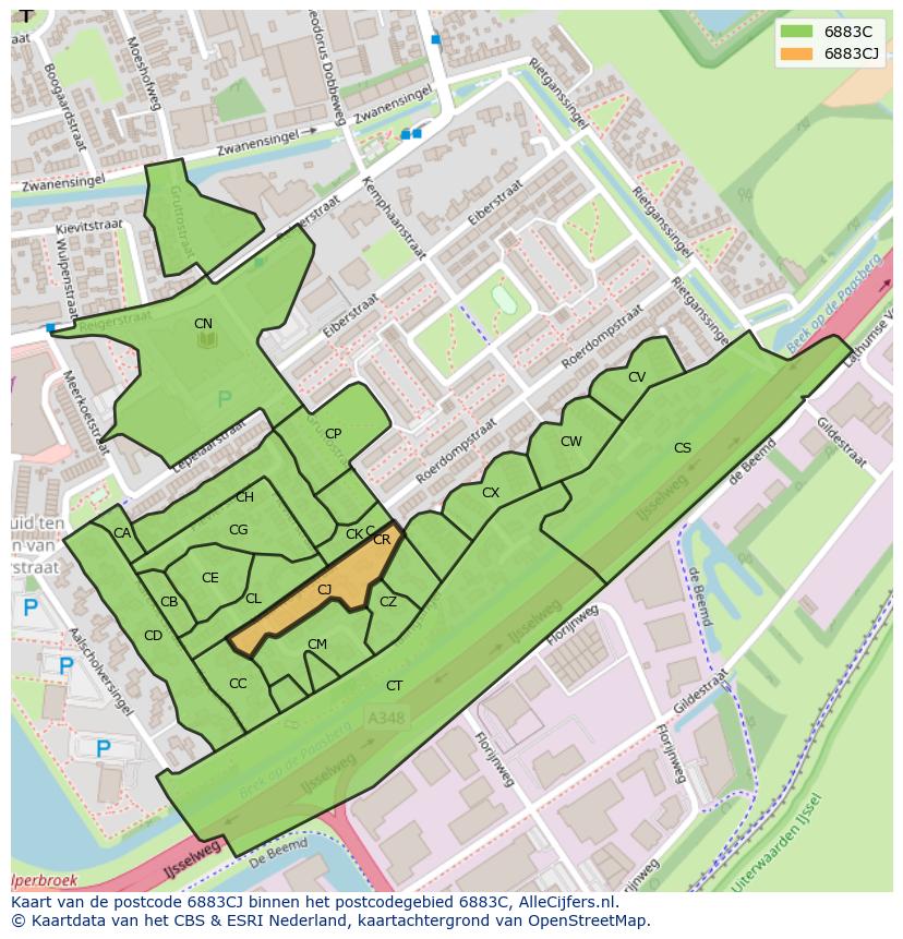 Afbeelding van het postcodegebied 6883 CJ op de kaart.