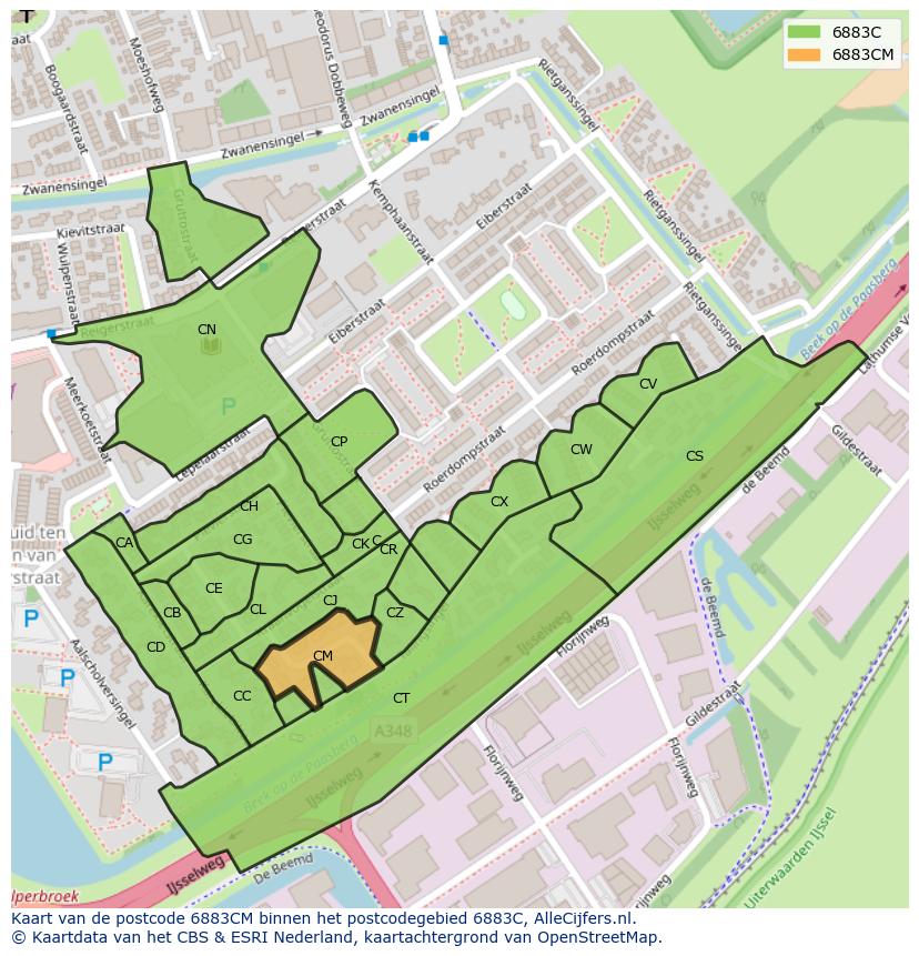 Afbeelding van het postcodegebied 6883 CM op de kaart.