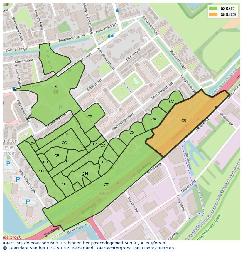 Afbeelding van het postcodegebied 6883 CS op de kaart.