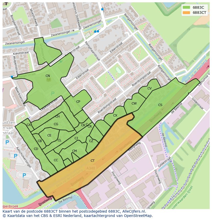 Afbeelding van het postcodegebied 6883 CT op de kaart.