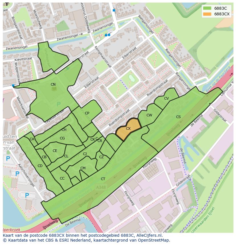 Afbeelding van het postcodegebied 6883 CX op de kaart.