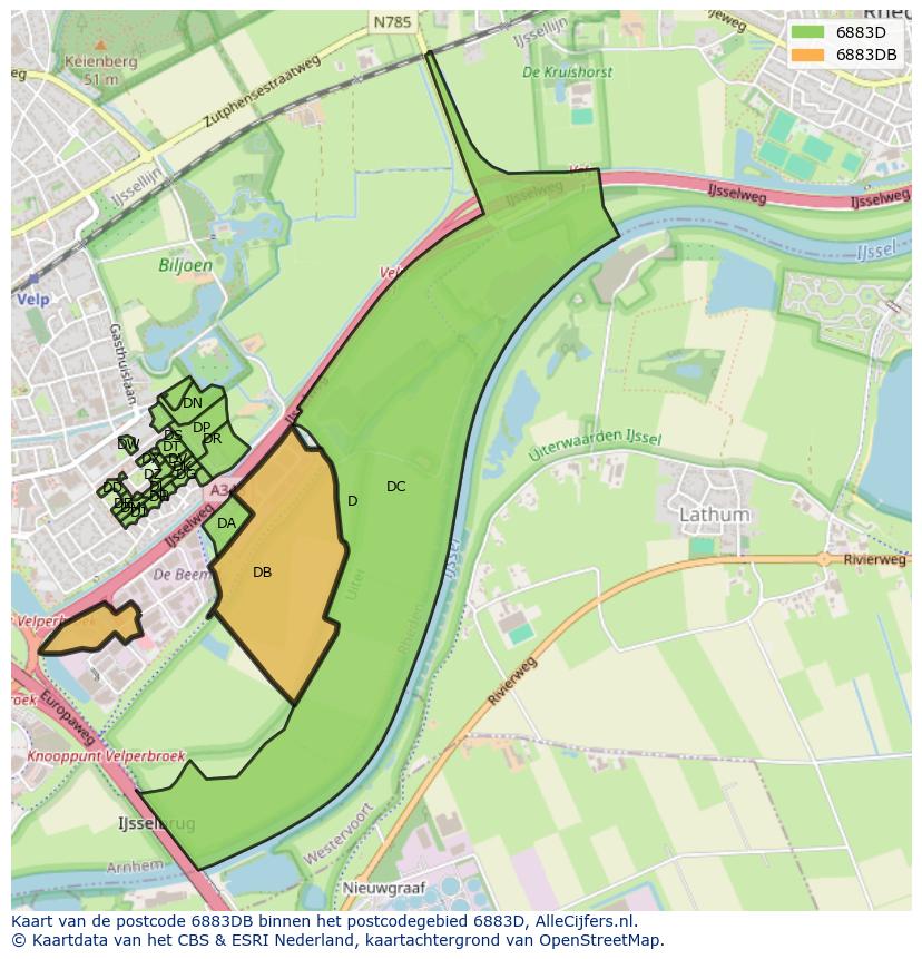 Afbeelding van het postcodegebied 6883 DB op de kaart.