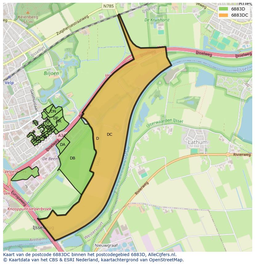 Afbeelding van het postcodegebied 6883 DC op de kaart.