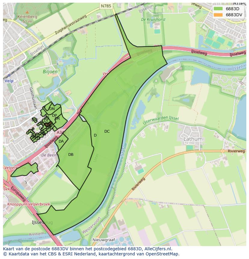 Afbeelding van het postcodegebied 6883 DV op de kaart.