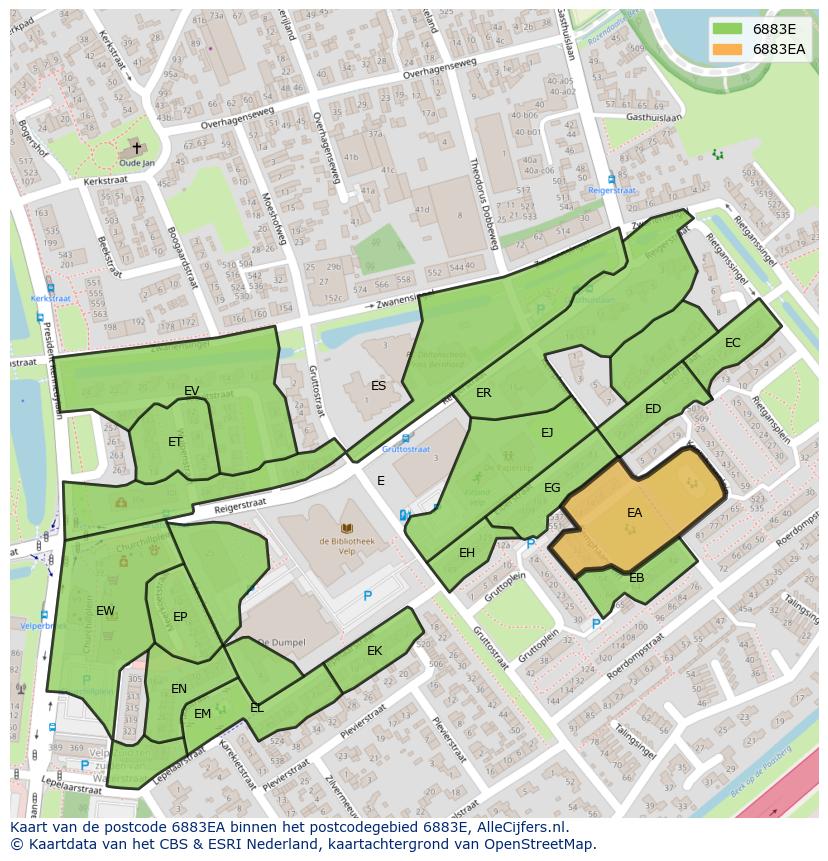Afbeelding van het postcodegebied 6883 EA op de kaart.