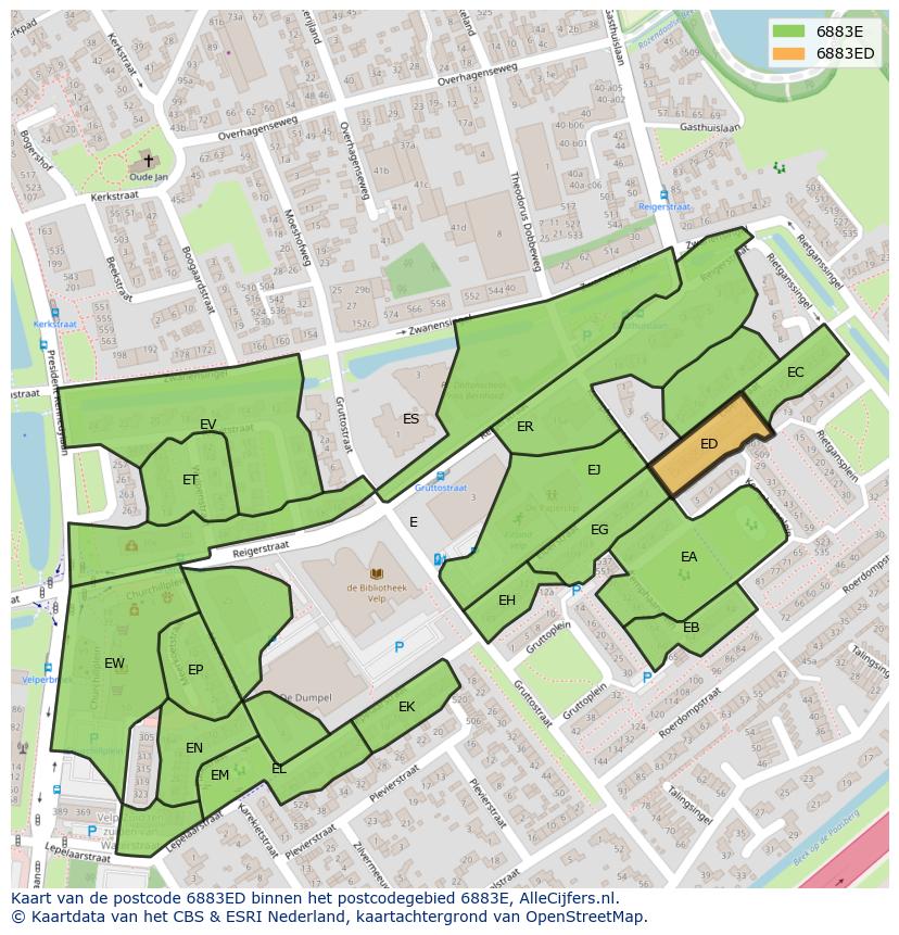 Afbeelding van het postcodegebied 6883 ED op de kaart.