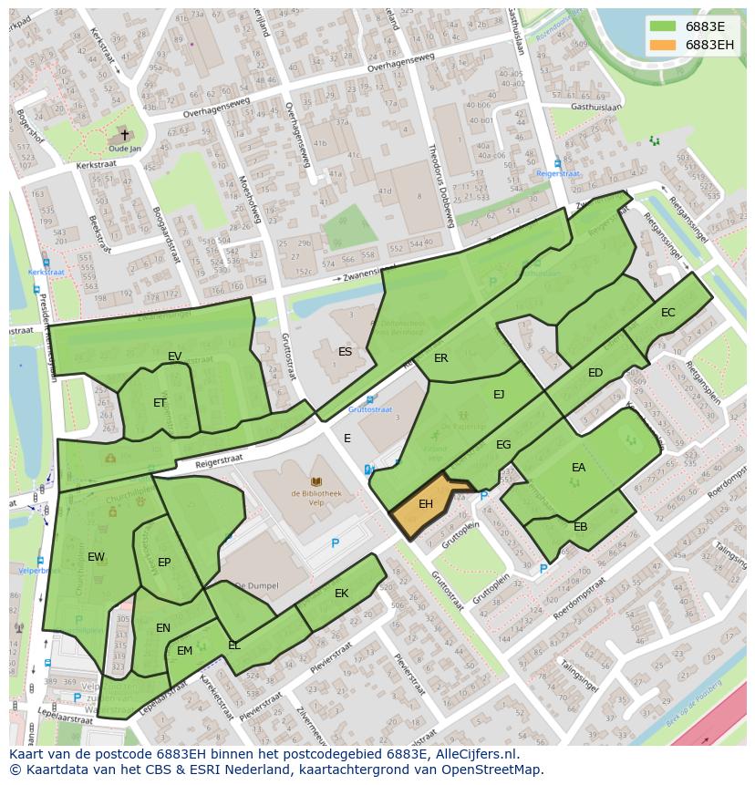 Afbeelding van het postcodegebied 6883 EH op de kaart.