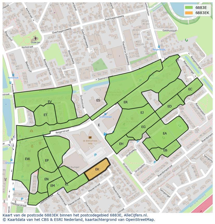 Afbeelding van het postcodegebied 6883 EK op de kaart.