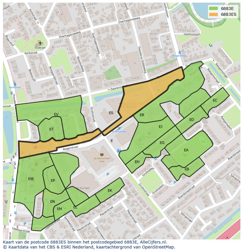 Afbeelding van het postcodegebied 6883 ES op de kaart.