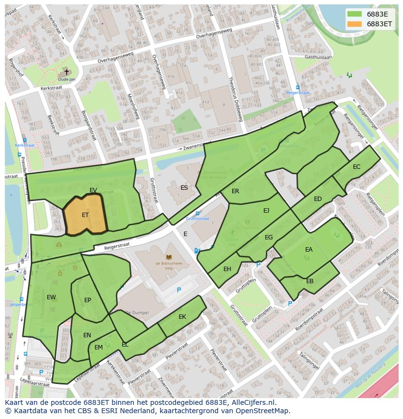 Afbeelding van het postcodegebied 6883 ET op de kaart.