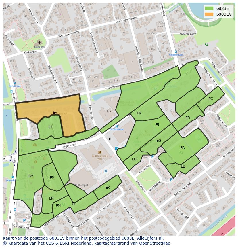 Afbeelding van het postcodegebied 6883 EV op de kaart.