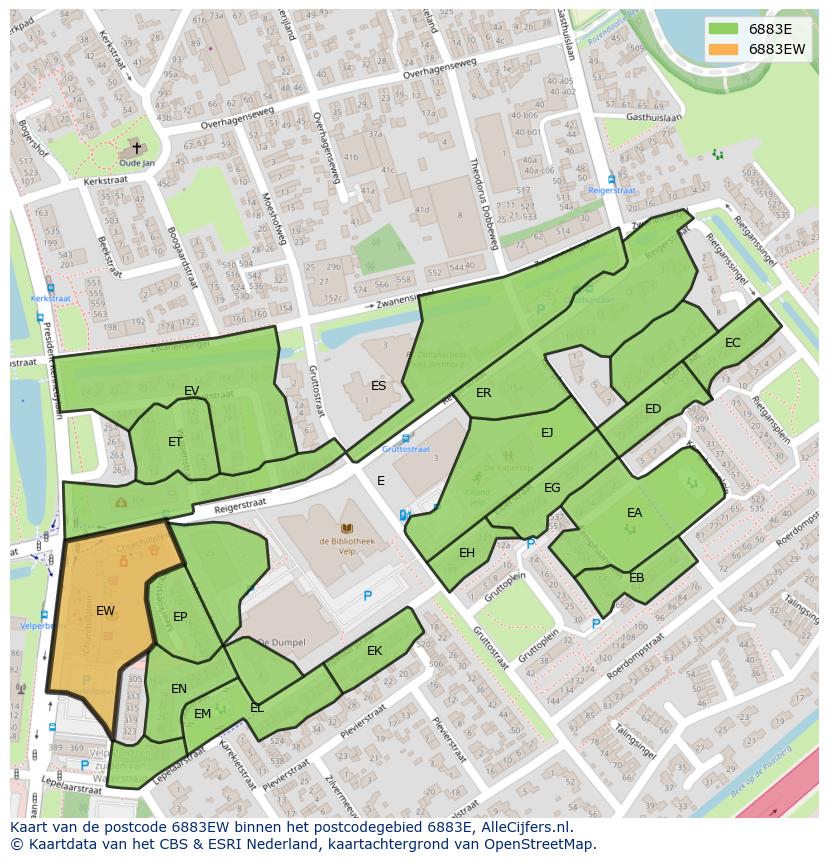 Afbeelding van het postcodegebied 6883 EW op de kaart.